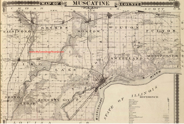Muscatine County, Iowa, 1875, Map, Wilton, Moscow, West Liberty, Nichols, Stockton, Conesville, Melpine, Atalissa, Fairport, IA