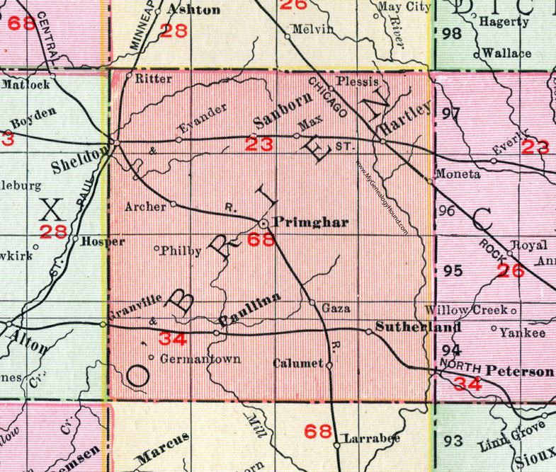 O’Brien County, Iowa, 1911, Map, Primghar, Sheldon, Sanborn, Hartley, Paullina, Archer, Calumet, Moneta, Sutherland, Gaza, Germantown, Philby, Plessis, Evander, Ritter, Max