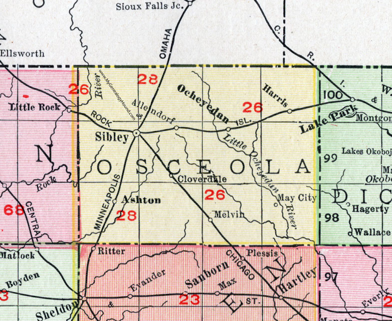 Osceola County, Iowa, 1911, Map, Sibley, Ocheyedan, Ashton, Melvin, Harris, Allendorf, Cloverdale, May City