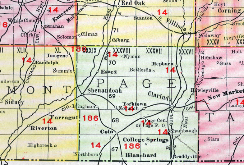 Page County, Iowa, 1911, Map, Clarinda, Shenandoah, Essex, College Springs, Coin, Shambaugh, Hepburn, Yorktown, Northboro, Blanchard, Braddyville, Nyman, Bethesda, Bingham, Norwich, Hawleyville, Page Center