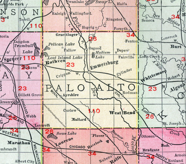 Palo Alto County, Iowa, 1911, Map, Emmetsburg, Ruthven, Graettinger, West Bend, Mallard, Rodman, Cylinder, Curlew, Ayrshire, Fallow, Osgood, Depew, Fairville, Crippen