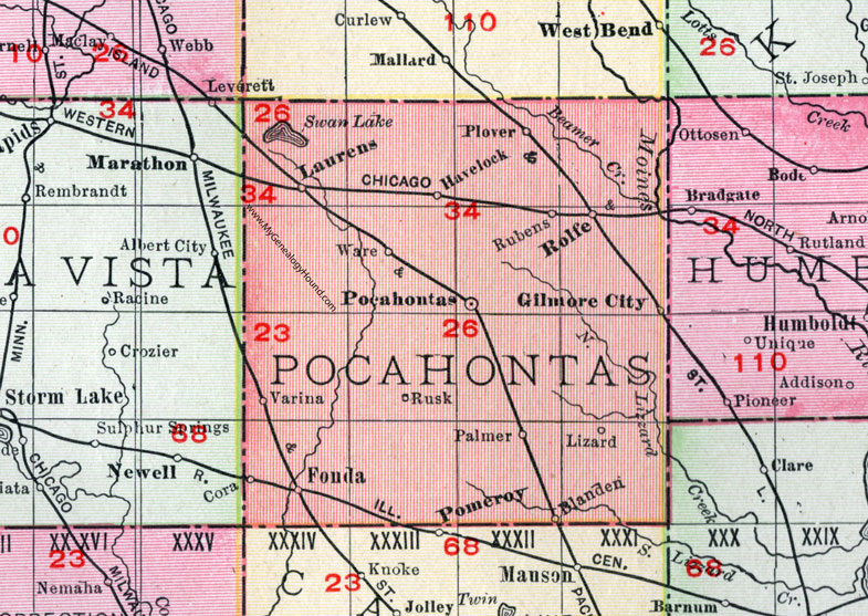 Pocahontas County, Iowa, 1911, Map, Pocahontas City, Laurens, Rolfe, Gilmore City, Fonda, Palmer, Havelock, Varina, Plover, Rubens, Lizard, Rusk, Ware, Blanden