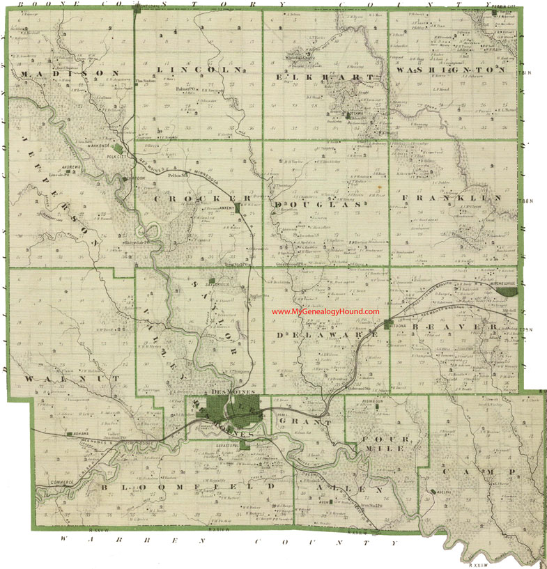 Polk County, Iowa, 1875, Map, Des Moines, Mitchellville, Altoona, Ankeny, Sevastopol, Ottawa, Peoria City, Polk City, Corydon, Sheldahl, IA