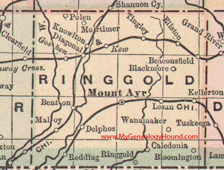 Ringgold County, Iowa, 1905, Map, Mount Ayr, Kellerton, Diagonal, Tingley, Redding, Ellston, Beaconsfield, Benton, Delphos, Maloy, IA