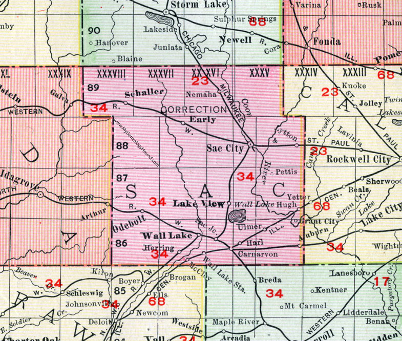 Sac County, Iowa, 1911, Map, Sac City, Lake View, Wall Lake, Odebolt, Schaller, Nemaha, Early, Lytton, Auburn, Pettis, Hugh, Ulmer, Carnarvon, Herring, Harl, Grant City, McCloy