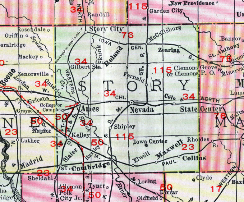 Story County, Iowa, 1911, Map, Nevada, Ames, Story City, Huxley, Roland, McCallsburg, Zearing, Colo, Gilbert, Kelley, Slater, Cambridge, Maxwell, Collins, Shipley, Ontario, Elwell, Fernald, Iowa Center