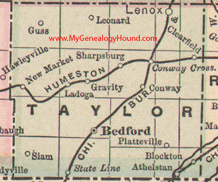 Taylor County, Iowa, 1905, Map, Bedford, Lenox, Gravity, Clearfield, Conway, New Market, Blockton, Athelstan, Sharpsburg, IA