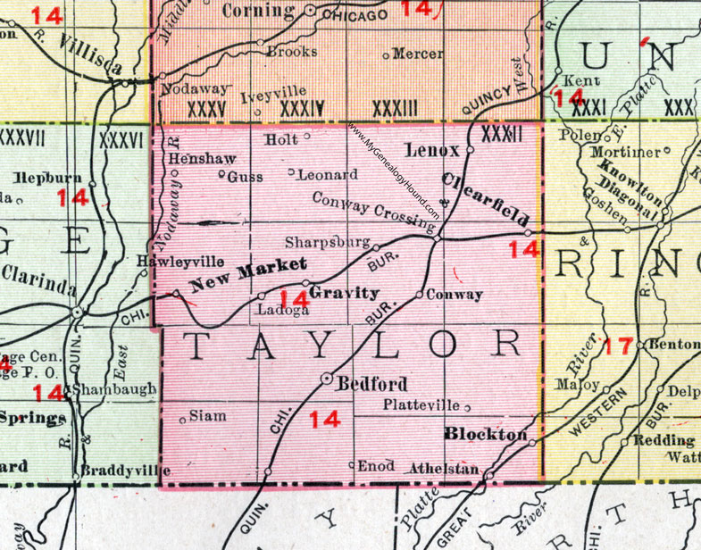 Taylor County, Iowa, 1911, Map, Bedford, Lenox, Clearfield, New Market, Sharpsburg, Conway, Blockton, Gravity, Henshaw, Athelstan, Platteville, Enod, Siam, Ladoga, Leonard, Guss, Holt