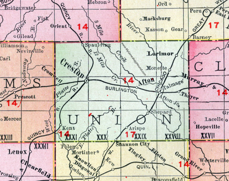 Union County, Iowa, 1911, Map, Creston, Afton, Lorimor, Arispe, Kent, Shannon City, Shepard, Talmage, Monette, Thayer, Cromwell, Spaulding