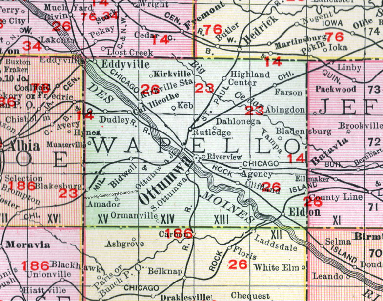 Wapello County, Iowa, 1911, Map, Ottumwa, Eldon, Agency, Eddyville, Blakesburg, Chillicothe, Kirkville, Farson, Dahlonega, Bladensburg, Dudley, Amador, Ormanville, Rutledge, Farson, Yampa, Bidwell, Cliffland, Keb