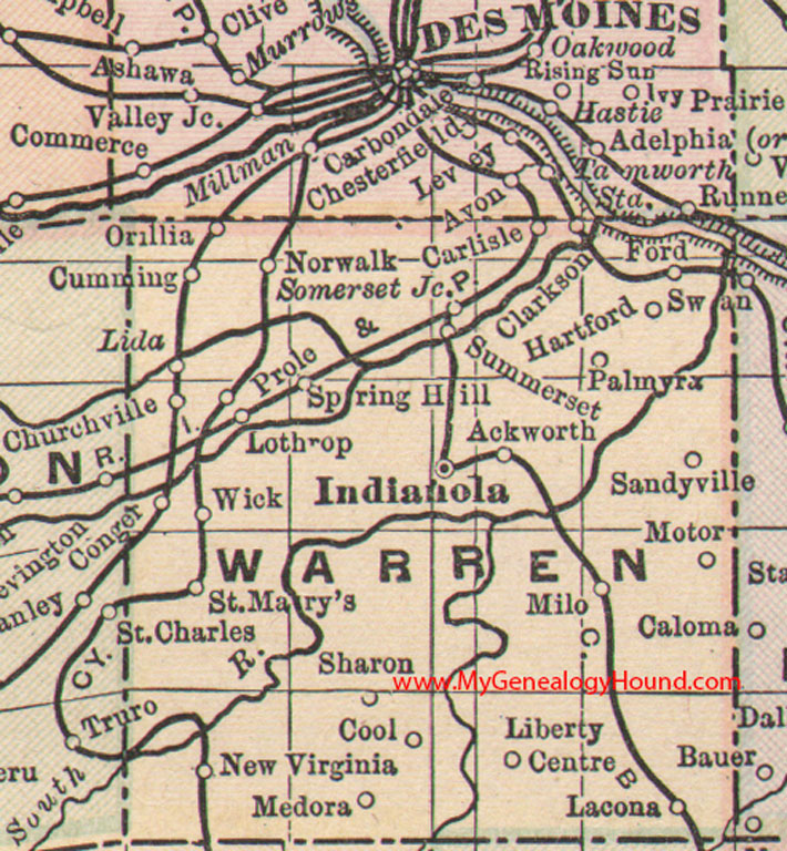 Warren County, Iowa, 1905, Map, Indianola, Norwalk, Carlisle, Hartford, Milo, Lacona, New Virginia, Ackworth, Spring Hill, IA