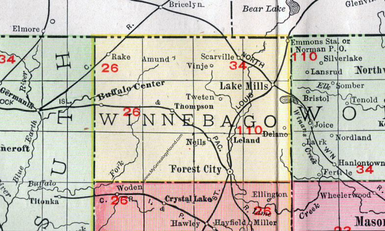 Winnebago County, Iowa, 1911, Map, Forest City, Lake Mills, Buffalo Center, Thompson, Rake, Scarville, Leland, Amund, Vinje, Tweten, Neils, Delano, Norman