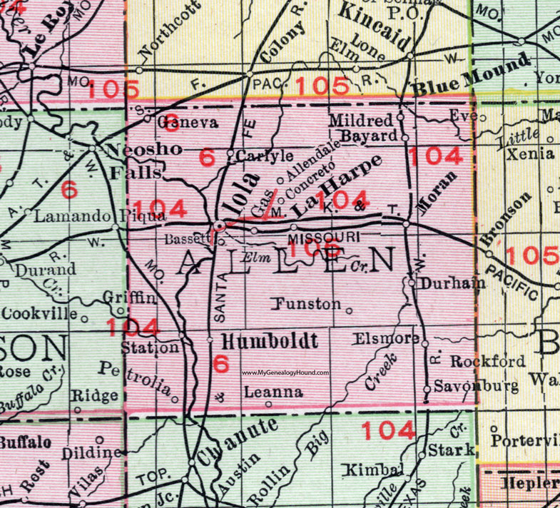 Allen County, Kansas, 1911 Map, Iola, Humboldt, La Harpe, Moran, Mildred, Gas, Petrolia, Carlyle, Bayard, Elsmore, Savonburg, Geneva, Funston