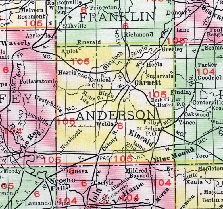 Anderson County, Kansas, 1911 Map, Garnett, Kincaid, Colony, Welda, Mont Ida, Westphalia, Bush City, Selma, Lone Elm, Greeley, Harris, Amiot, Northcott