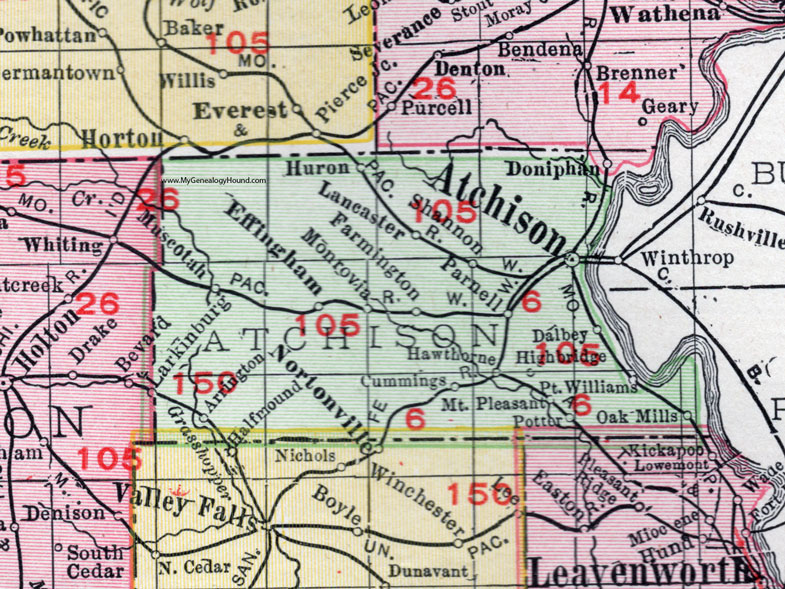 Atchison County, Kansas, 1911 Map, City of Atchison, Effingham, Lancaster, Muscotah, Huron, Farmington, Cummings, Monrovia, Shannon, Parnell, Arrington, Dalbey, Cummings