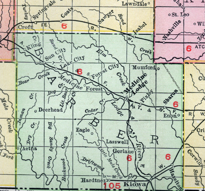 Barber County, Kansas, 1911 Map, Medicine Lodge, Kiowa, Hardtner, Sharon, Hazelton, Lake City, Sun City, Aetna, Deerhead, Mumford, Lasswell, Enon, Gerlane, Pixley