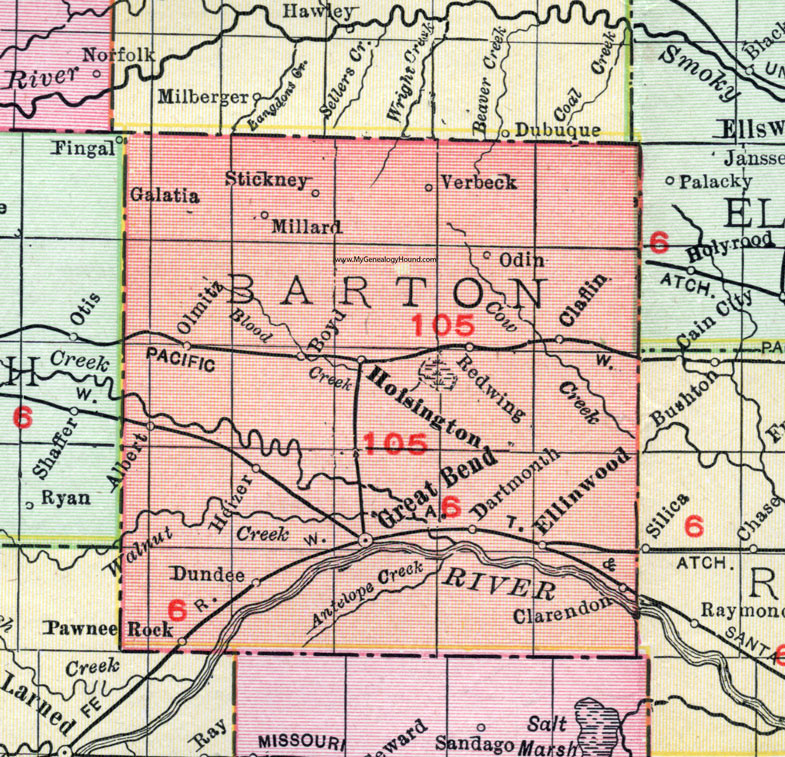 Barton County, Kansas, 1911 Map, Great Bend, Hoisington, Ellinwood, Pawnee Rock, Olmitz, Heizer, Albert, Dundee, Claflin, Odin, Galatia, Verbeck, Dartmouth