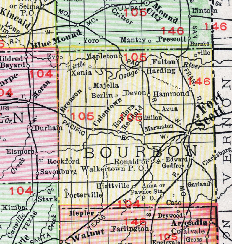 Bourbon County, Kansas, 1911 Map, Fort Scott, Bronson, Uniontown, Redfield, Hiattville, Pawnee Station, Garland, Hammond, Fulton, Mapleton, Xenia, Devon, Majella, Azua