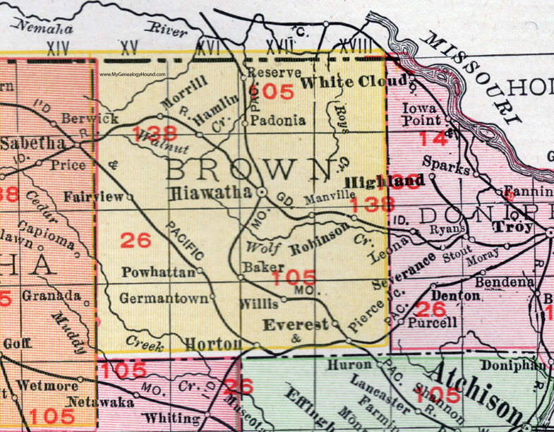 Brown County, Kansas, 1911 Map, Hiawatha, Horton, Powhattan, Everest, Fairview, Morrill, Padonia, Reserve, Willis, Robinson, Germantown, Manville, Baker