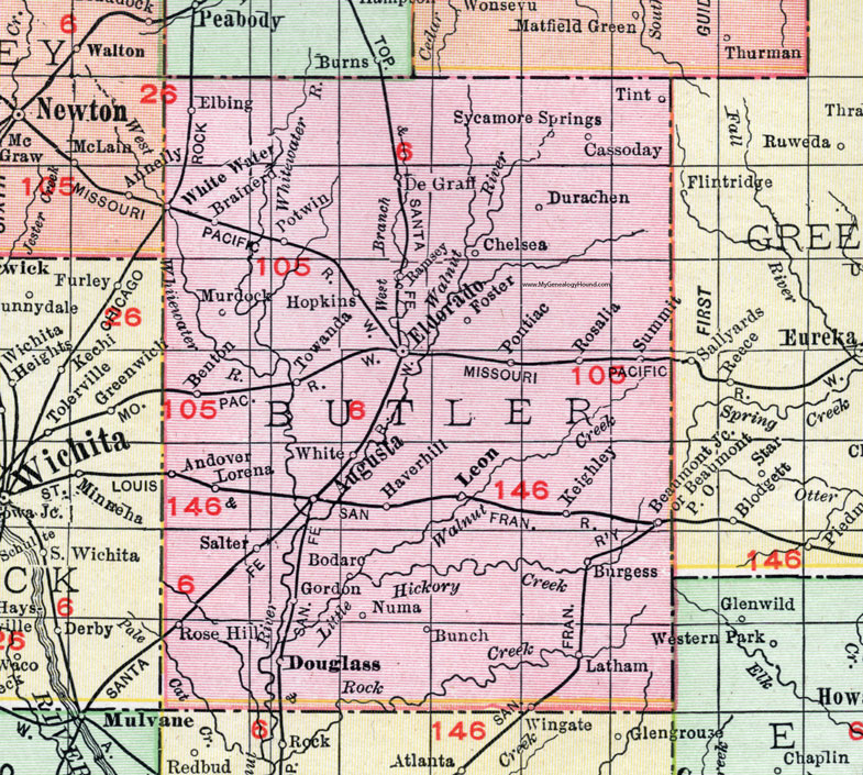 Butler County, Kansas, 1911 Map, El Dorado, Augusta, Rose Hill, Douglass, Leon, Rosalia, Cassoday, Potwin, Whitewater, Towanda, Benton, Beaumont, Latham