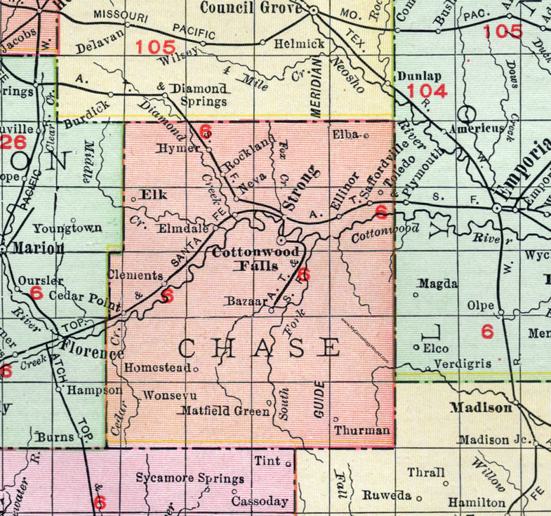 Chase County, Kansas, 1911 Map, Cottonwood Falls, Elmdale, Cedar Point, Matfield Green, Bazaar, Hymer, Elba, Ellinor, Saffordville, Toledo, Strong City, Neva, Wonsevu