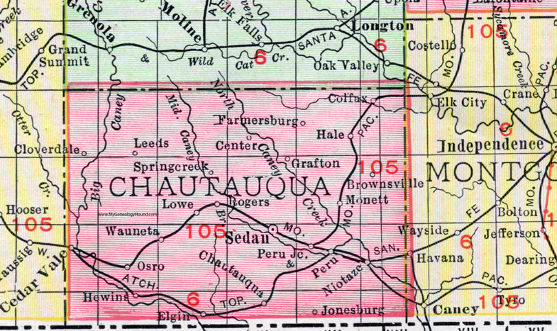 Chautauqua County, Kansas, 1911 Map, Sedan, Cedar Vale, Peru, Niotaze, Hewins, Wauneta, Grafton, Monett, Osro, Elgin, Cloverdale, Lowe, Colfax