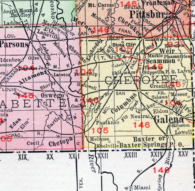Cherokee County, Kansas, 1911 Map, Columbus, Baxter Springs, Galena, Riverton, Crestline, West Mineral, Scammon, Weir, Neutral, Sherwin, Faulkner, Melrose, Hallowell