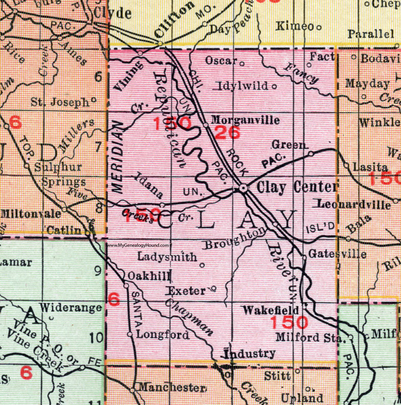 Clay County, Kansas, 1911 Map, Clay Center, Wakefield, Vining, Morganville, Idana, Oak Hill, Longford, Broughton, Green, Idylwild, Gatesville, Ladysmith, Exeter