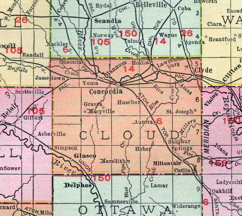 Cloud County, Kansas, 1911 Map, Concordia, Miltonvale, Clyde, Jamestown, Glasco, St. Joseph, Aurora, Huscher, Ames, Rice, Hollis, Yuma, Hannum, Oneonta