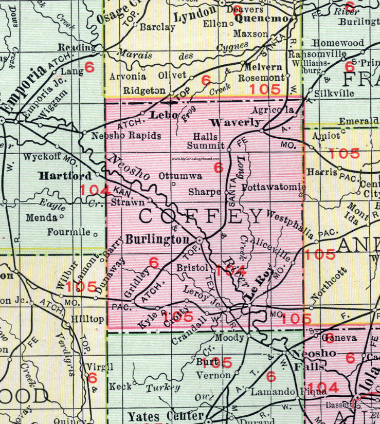 Coffey County, Kansas, 1911 Map, Burlington, Lebo, Waverly, LeRoy, Gridley, Strawn, Aliceville, Ottumwa, Sharpe, Halls Summit, Agricola, Crandall, Bristol, Crotty