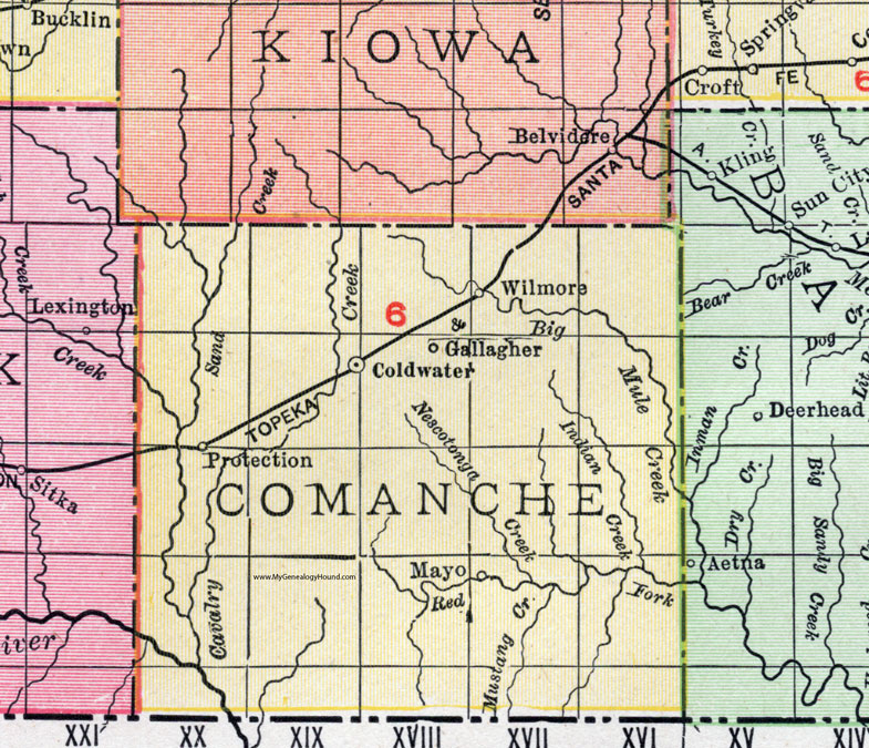 Comanche County, Kansas, 1911 Map, Coldwater, Protection, Wilmore, Mayo, Gallagher