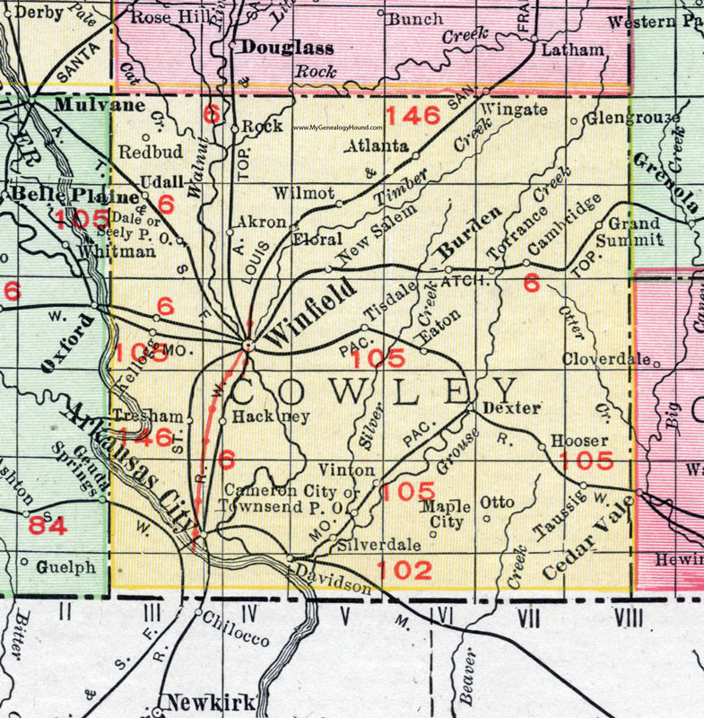 Cowley County, Kansas, 1911 Map, Arkansas City, Winfield, Hackney, Udall, Slverdale, Burden, Dexter, Atlanta, Cambridge, Maple City, Silverdale, Akron, Wilmot