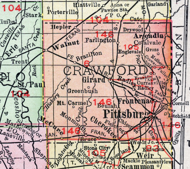 Crawford County, Kansas, 1911 Map, Pittsburg, Girard, Frontenac, Arcadia, Farlington, Hepler, Walnut, McCune, Cherokee, Chicopee, Opolis, Radley, Brazilton, Arma