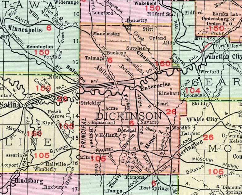 Dickinson County, Kansas, 1911 Map, Abilene, Herington, Enterprise, Solomon, Woodbine, Hope, Elmo, Carlton, Navarre, Manchester, Talmage, Chapman, Sutphen, Moonlight
