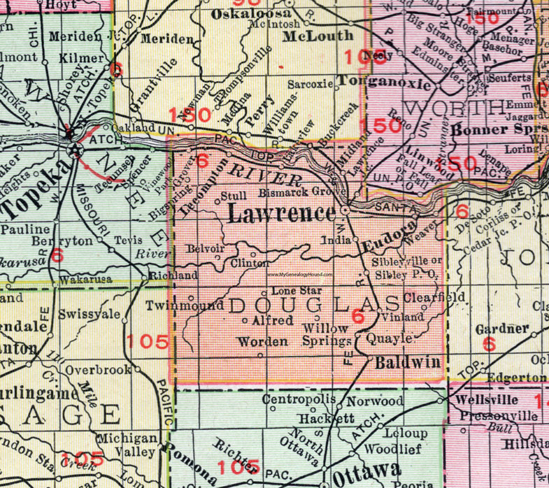 Douglas County, Kansas, 1911 Map, Lawrence, Eudora, Baldwin City, Lone Star, Vinland, Big Springs, Lecompton, Stull, Clinton, Weaver, Worden, Belvoir, Stull, Quayle