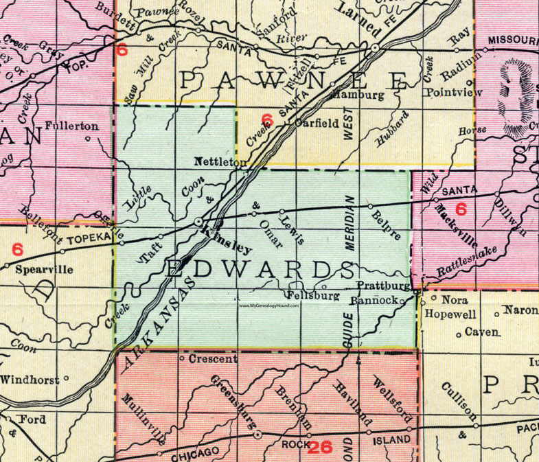 Edwards County, Kansas, 1911 Map, Kinsley, Offerle, Lewis, Belpre, Fellsburg, Nettleton, Omar, Taft, Prattburg, Bannock