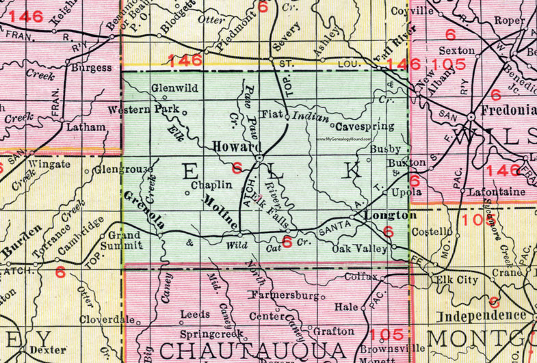 Elk County, Kansas, 1911 Map, Howard, Longton, Moiline, Grenola, Elk Falls, Oak Valley, Glenwild, Chaplin, Upola, Busby, Western Park, Fiat, Cave Springs