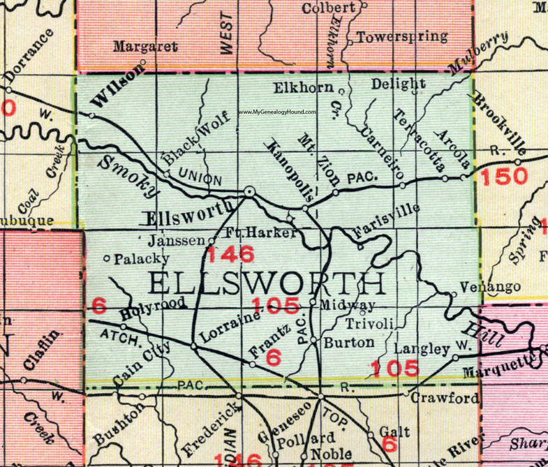 Ellsworth County, Kansas, 1911 Map, Ellsworth City, Kanopolis, Holyrood, Lorraine, Carneiro, Black Wolf, Wilson, Elk Horn, Terra Cotta, Arcola, Ft. Harker, Farisville, Trivoli, Frantz, Langley
