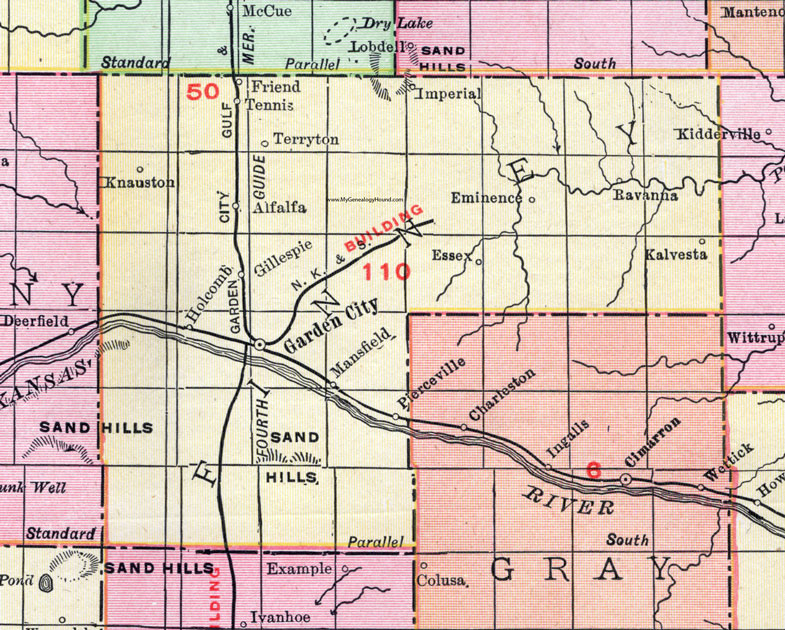 Finney County, Kansas, 1911 Map, Garden City, Holcomb, Kalvesta, Friend, Terryton, Knauston, Mansfield, Gillespie, Ravanna, Essex, Eminence, Tennis, Imperial, Alfalfa