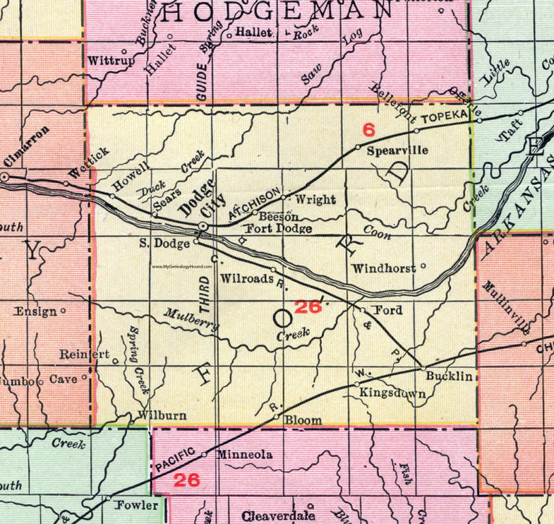 Ford County, Kansas, 1911 Map, Dodge City, Bucklin, Fort Dodge, Wright, Spearville, Ford City, Bellefont, Windhorst, Bloom, Kingsdown, Reinert, Sears, Wilroads