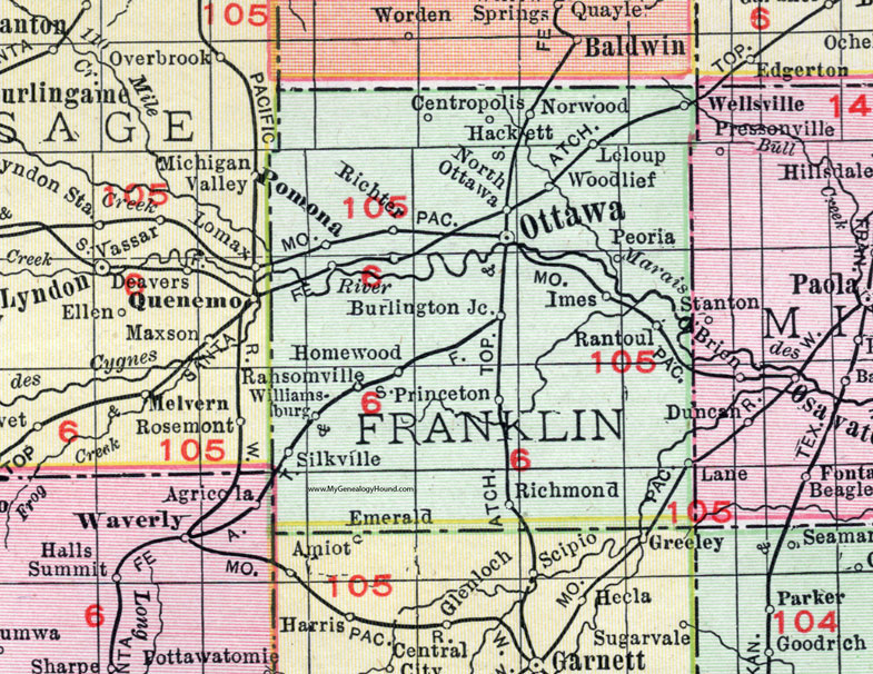 Franklin County, Kansas, 1911 Map, Ottawa, Wellsville, Pomona, Williamsburg, Princeton, Richmond, Lane, Peoria, Le Loup, Centropolis, Norwood, Hackett, Imes, Silkville