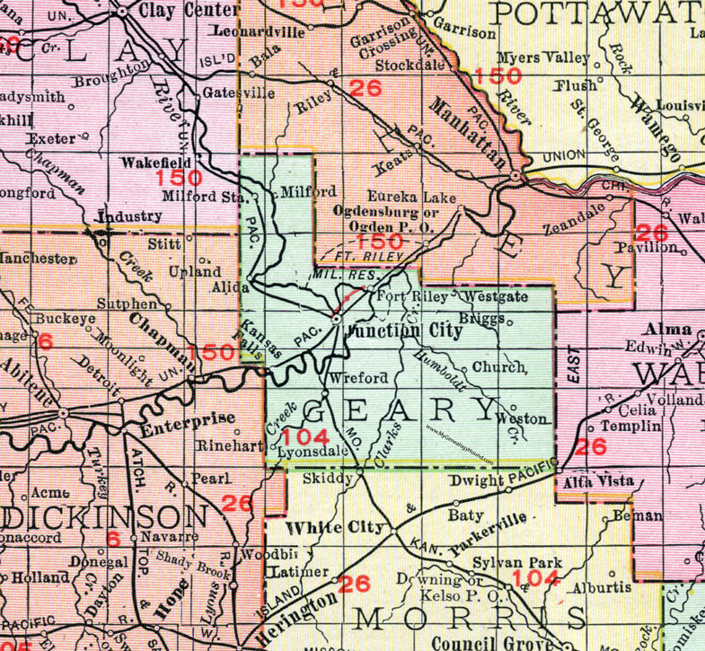 Geary County, Kansas, 1911, Map, Junction City, Fort Riley, Milford, Westgate, Briggs, Church, Weston, Kansas Falls, Lyonsdale, Wreford