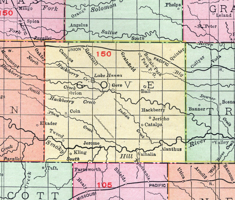Gove County, Kansas, 1911, Map, Gove City, Quinter, Grinnell, Grainfield, Buffalo Park, Orion, Coin, Jerome, Tweed, Kling, Valhalla, Alanthus, Catalpa, Jericho, Hackberry