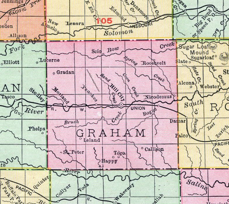Graham County, Kansas, 1911, Map, Hill City, Nicodemus, Bogue, Penokee, Morland, Gradan, Roosevelt, Scio, Leland, St. Peter, Togo, Happy, Callison