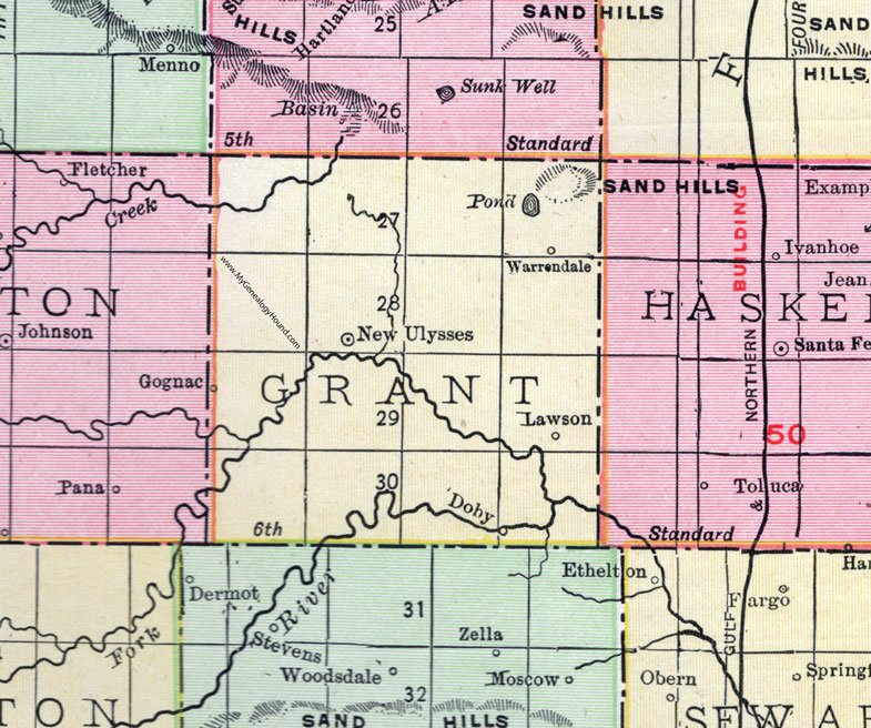 Grant County, Kansas, 1911, Map, New Ulysses, Gognac, Doby, Lawson, Warrendale