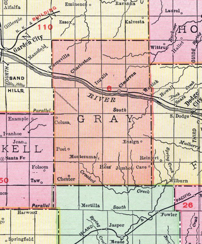 Gray County, Kansas, 1911, Map, Cimarron, Montezuma, Ingalls, Ensign, Charleston, Wettick, Colusa, Post, Chester, Hess, Jumbo, Cave