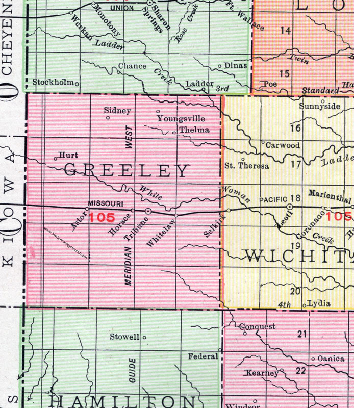 Greeley County, Kansas, 1911, Map, Tribune, Horace, Whitelaw, Sidney, Youngsville, Thelma, Hurt, Astor
