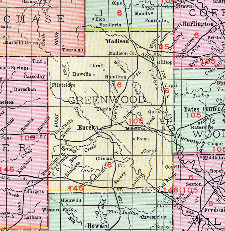 Greenwood County, Kansas, 1911, Map, Eureka, Severy, Madison, Sallyards, Piedmont, Reece, Hamilton, Climax, Quincy, Virgil, Hilltop, Lamont, Thrall, Blodgett, Tonovay, Ruweda, Utopia