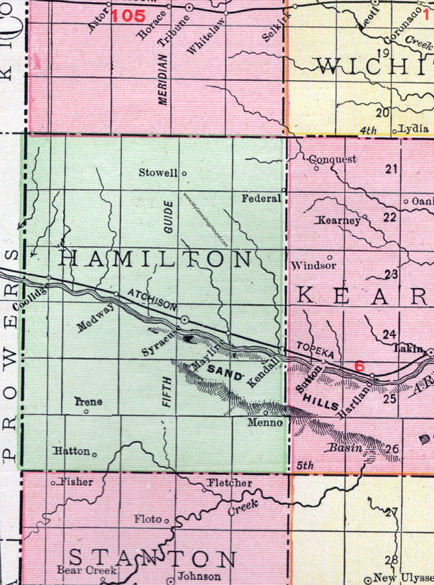 Hamilton County, Kansas, 1911, Map, Syracuse, Coolidge, Kendall, Medway, Stowell, Federal, Mayline, Menno, Hatton, Irene