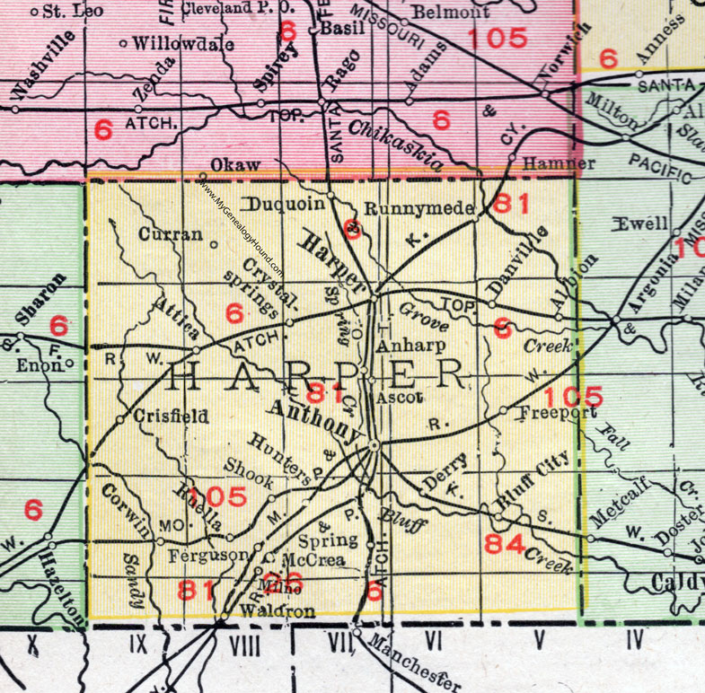 Harper County, Kansas, 1911, Map, Anthony, Harper City, Attica, Waldron, Corwin, Crystal Springs, Danville, Freeport, Bluff City, Runnymede, Duquoin, Curran, Crisfield, Albion, Anharp, Ascot